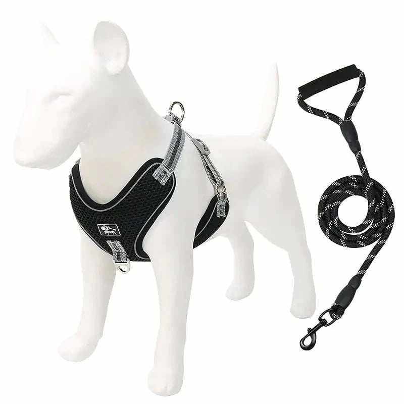 Adjustable No-Pull Dog Harness in black mesh with grey trim, reflective straps, metal rings and a matching leash