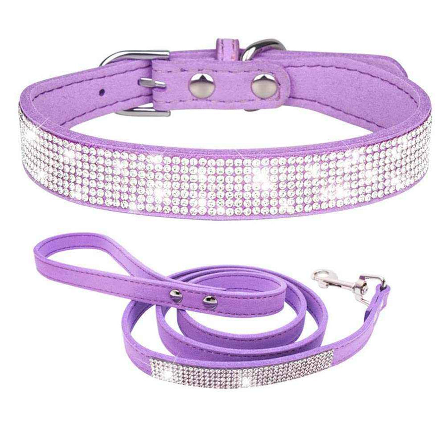 Sparkly Purple Pet Collar & Leash Set with a lavender suede collar and matching leash, both embellished with rows of clear rhinestones